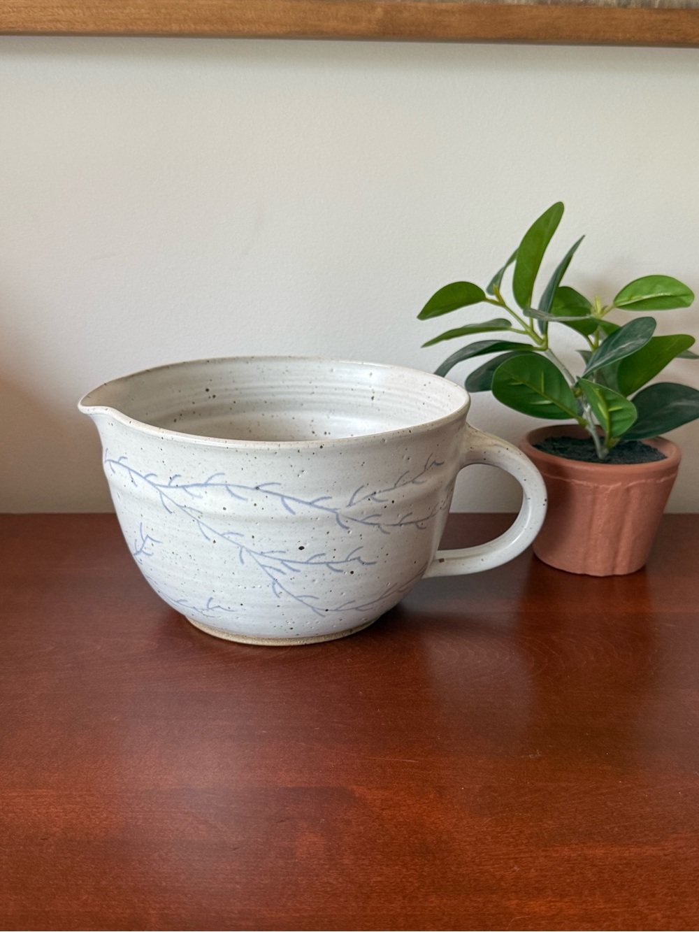 Handmade White Ceramic Mixing Bowl with Blue Vine Accent